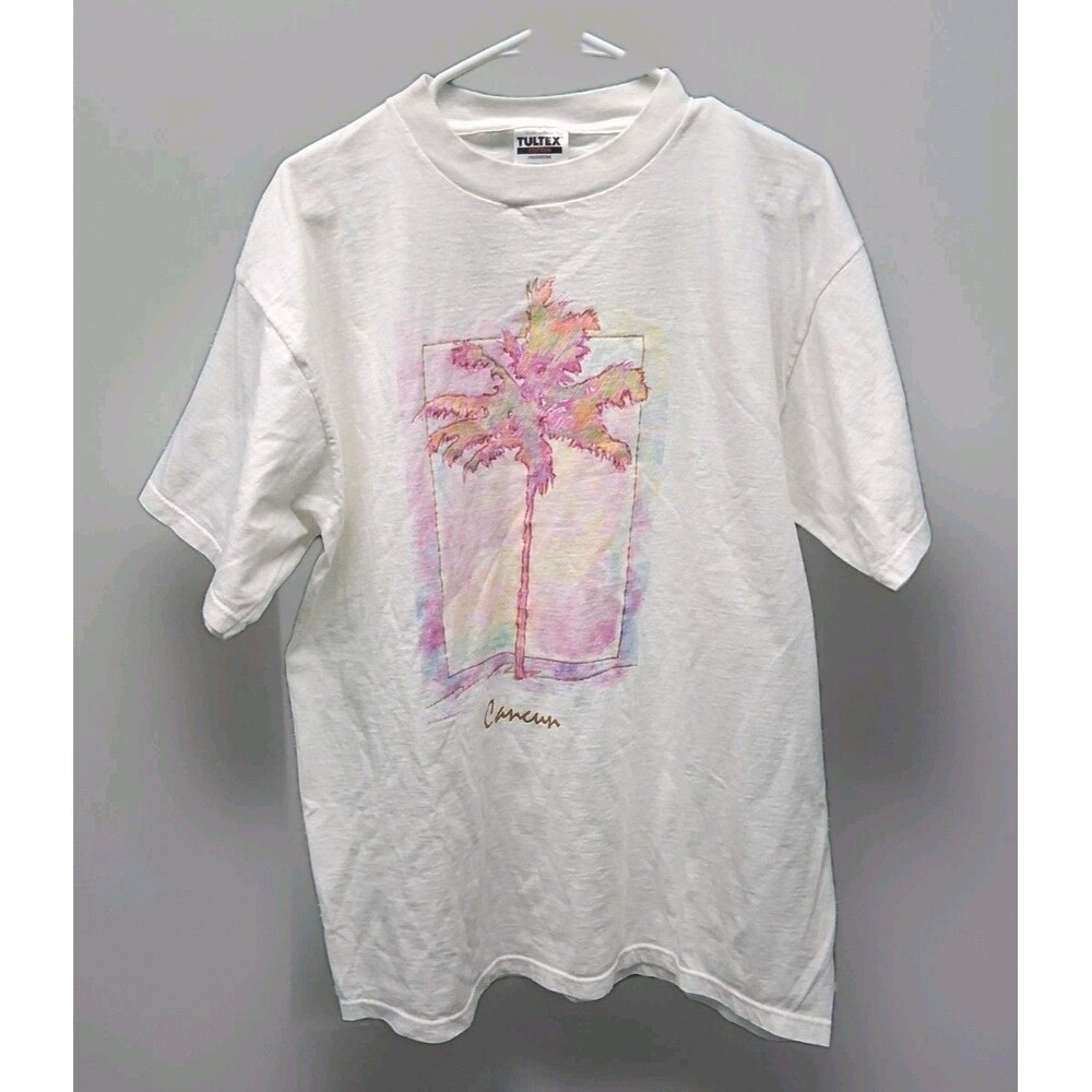 Vtg Cancun Mexico Graphic T Shirt XL White Palm Trees Beach Retro Water Colors